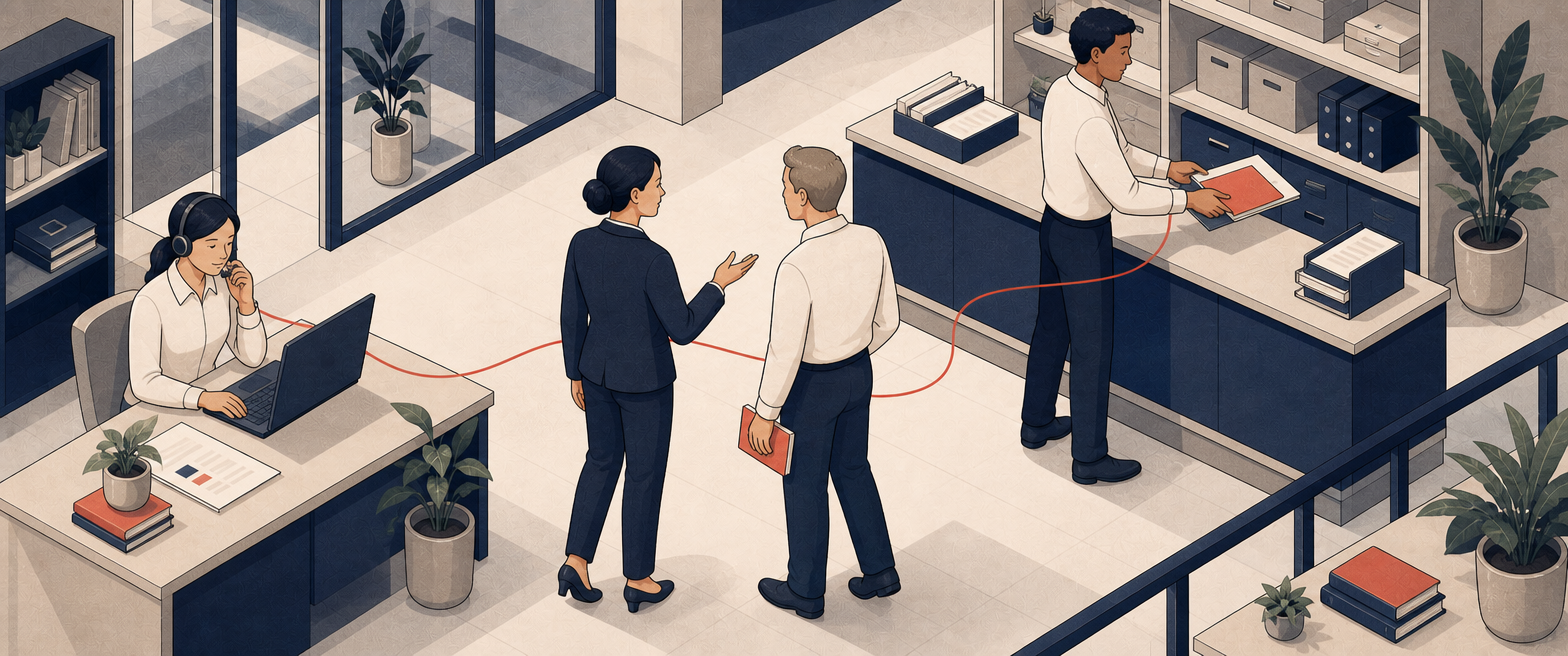 Une dirigeante fait découvrir l'activité de son entreprise à un consultant, auprès des équipes en relation client et en gestion des dossiers.