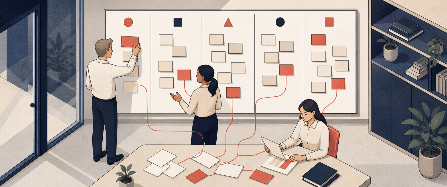 Trois collègues regroupent les idées de projets sur un tableau organisé en cinq familles.