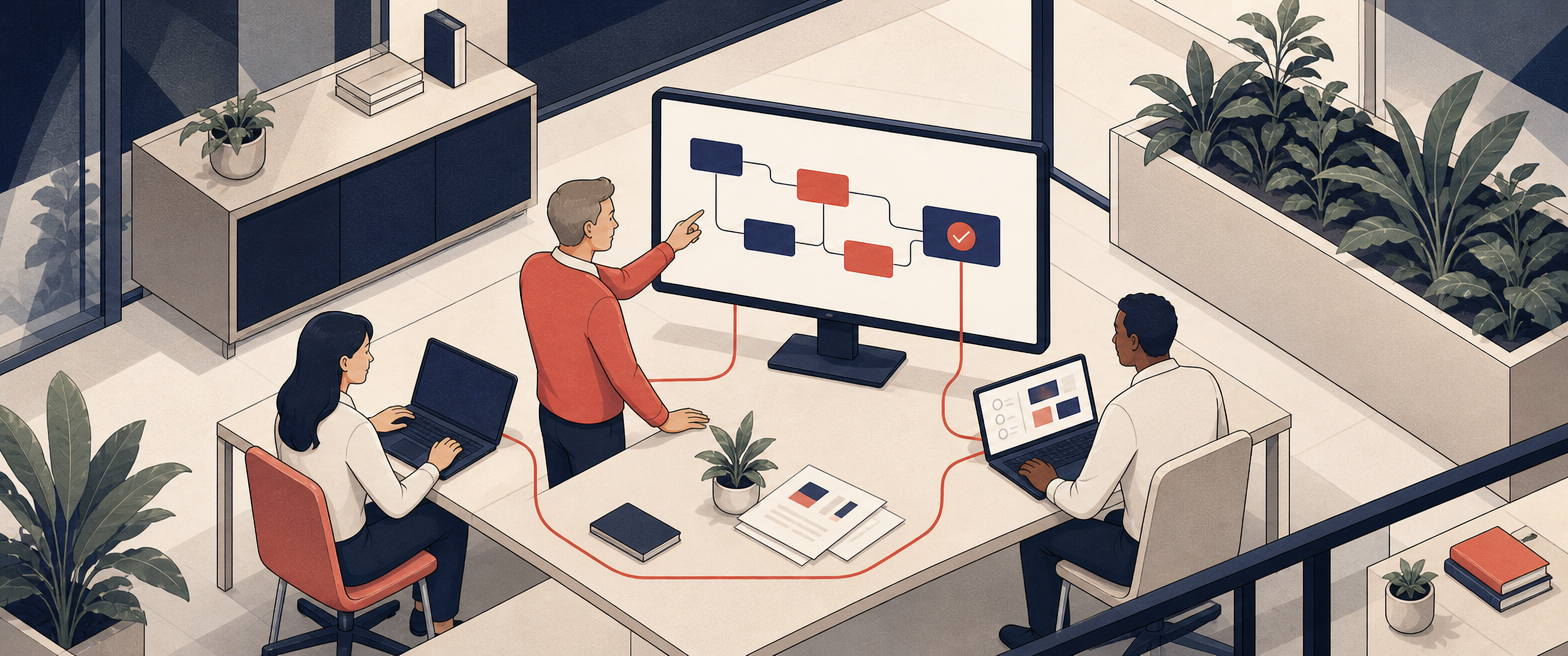 Une équipe met en service une solution numérique sur plusieurs postes de travail connectés.
