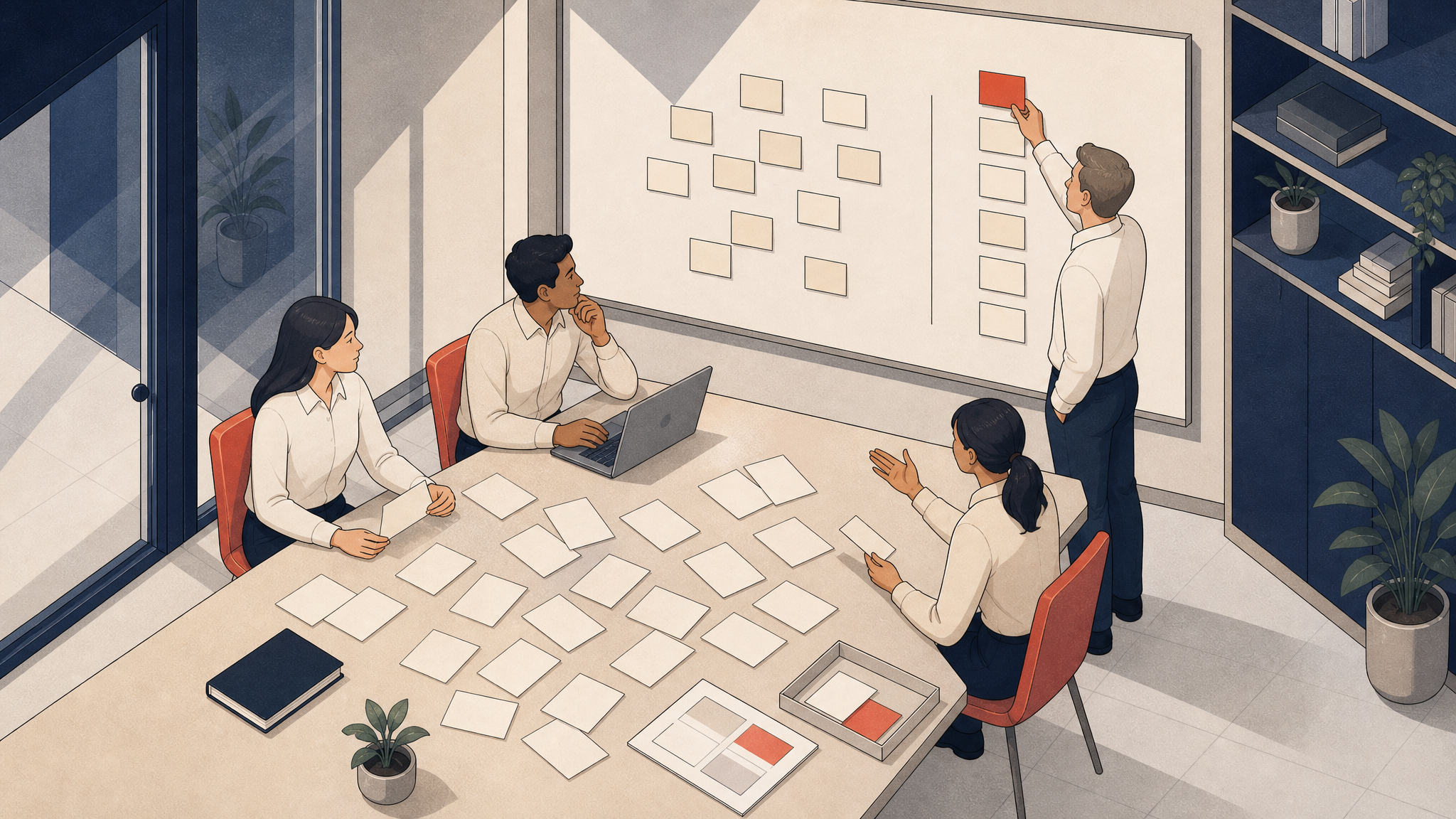 Des consultants et un dirigeant trient des idées de cas d'usage et les classent par priorité sur un tableau