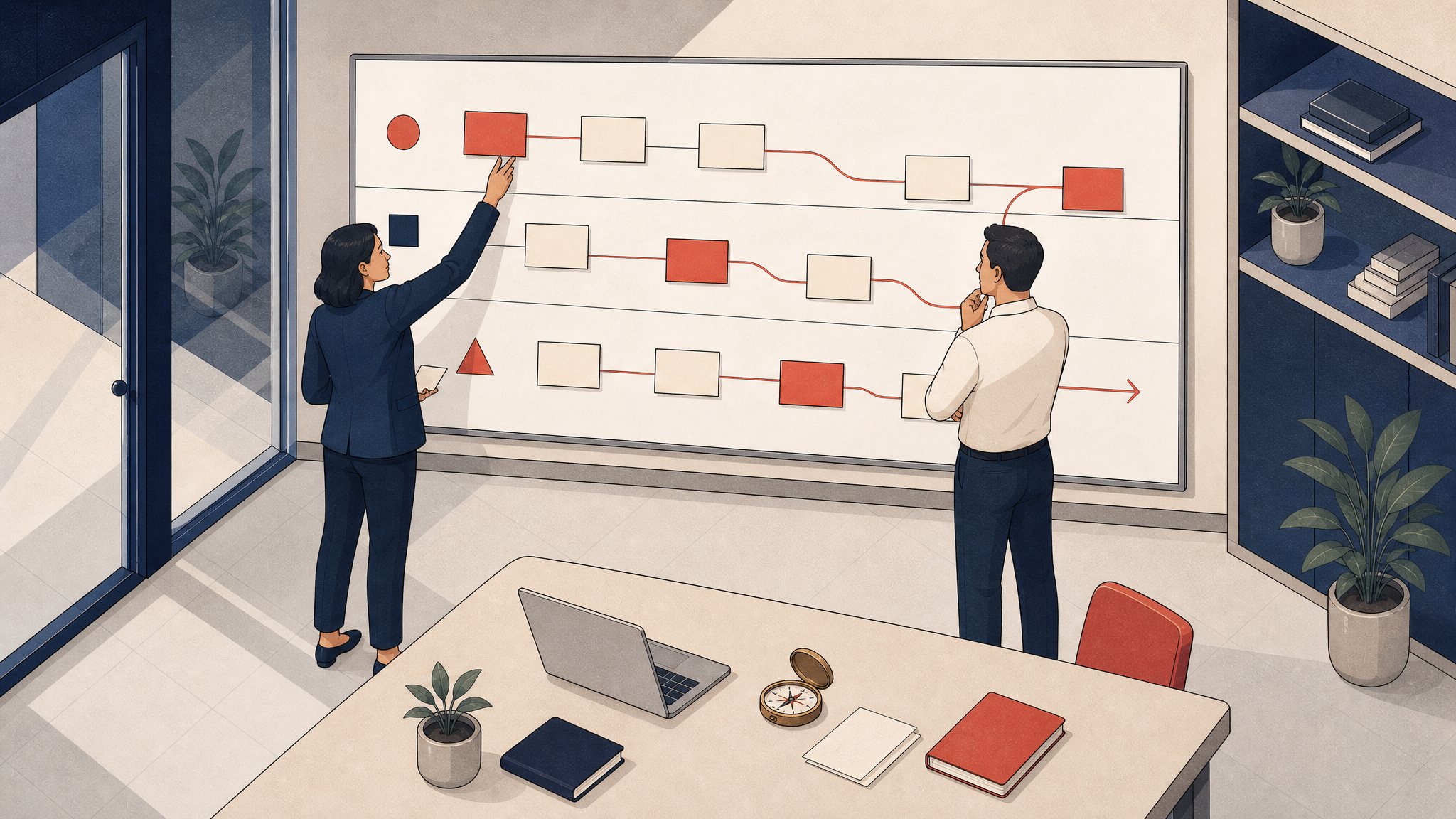 Une dirigeante et un manager construisent une feuille de route IA sur un grand tableau de planification